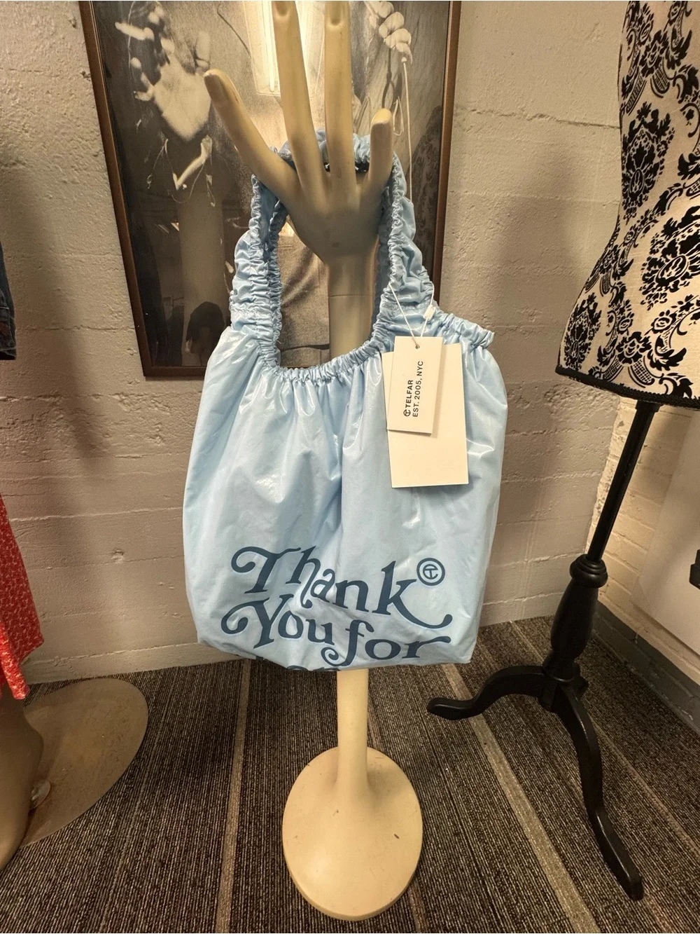 Telfar Light Blue 'Thank You For Shopping” Ruched Handle Tote